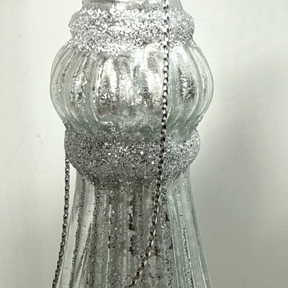 Set (2)‎ Silver and glittered mercury glass blown finial shaped ornaments 6 in